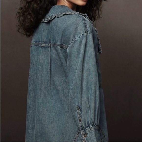ANTHROPOLOGIE Pilcro Frill-Collar Denim Button Down Shirt Indigo Sz XS Oversized - Picture 2 of 12